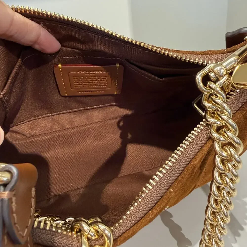 NEW‼️Coach Teri Shoulder Bag With Quilting CET35 suede/Gold/Warm Brown